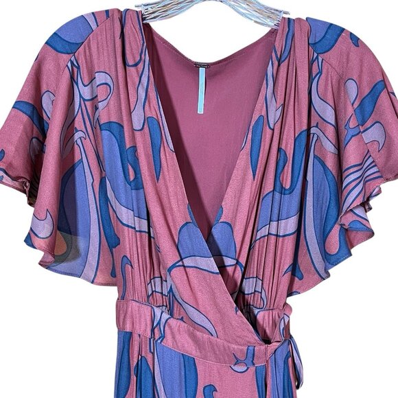 Free People Women Brick Tulip Sleeve Wrap Maxi Dress XS Boho Art Deco Pattern - Picture 3 of 9